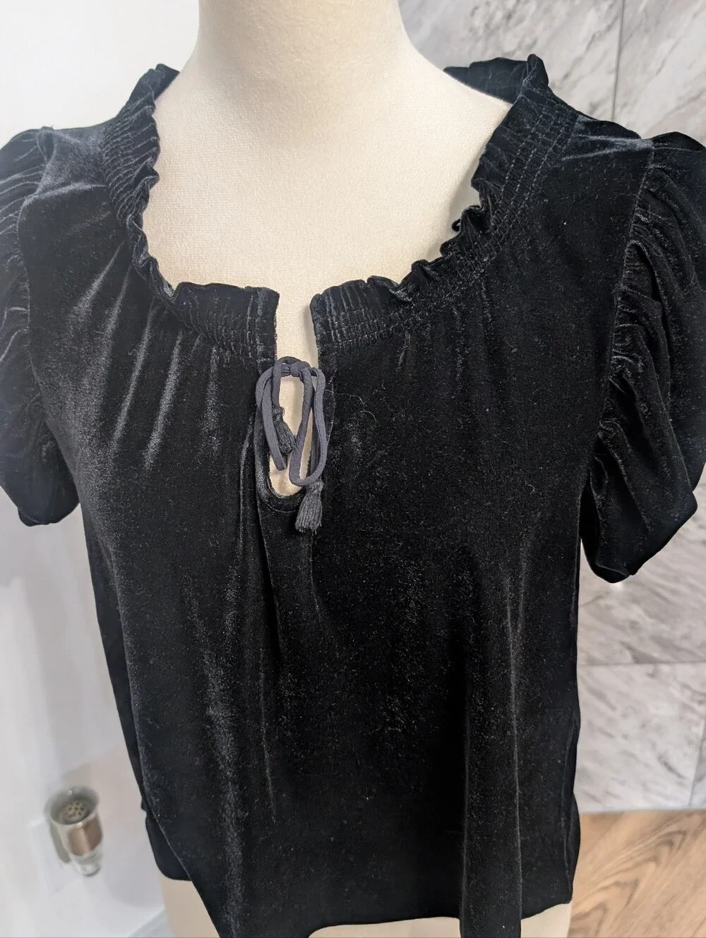 Black Velvet Tie-Neck Women's Top